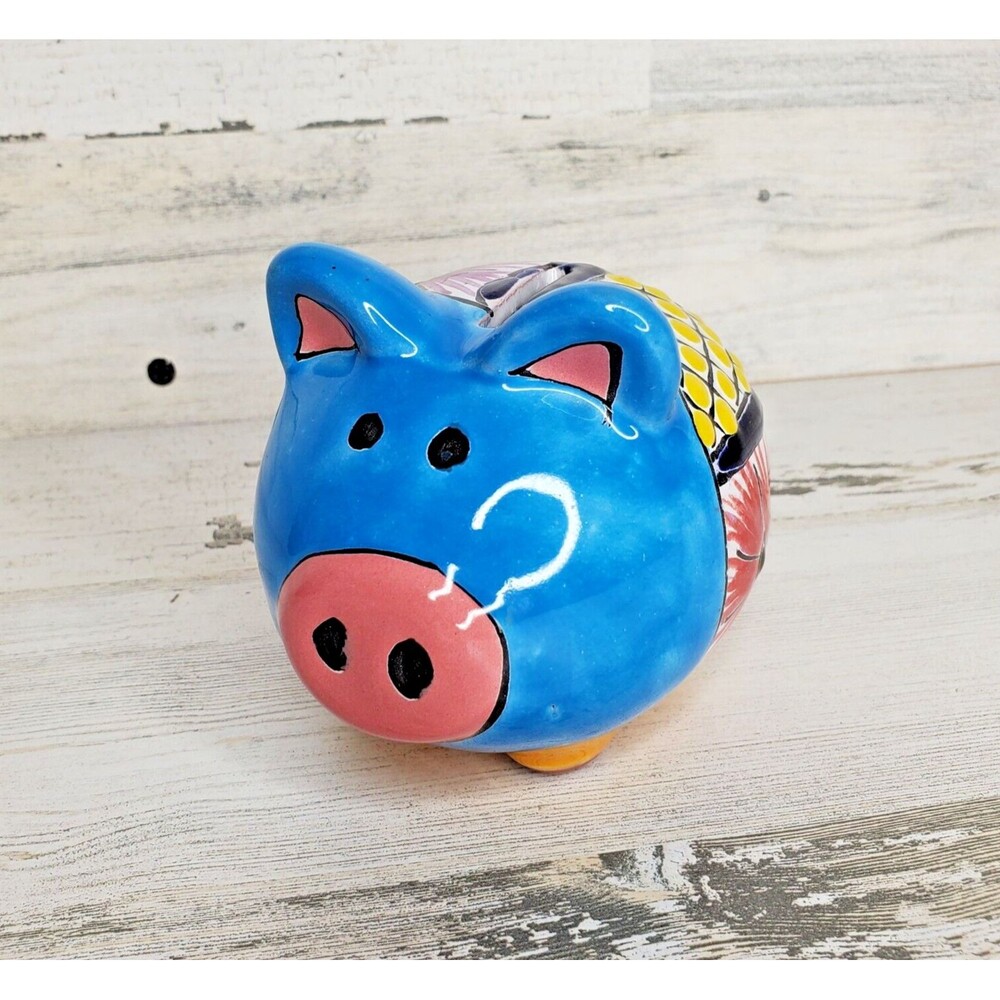 Mexican Folk Art Hand Painted Pottery Piggy Bank Made in Mexico NO CORK